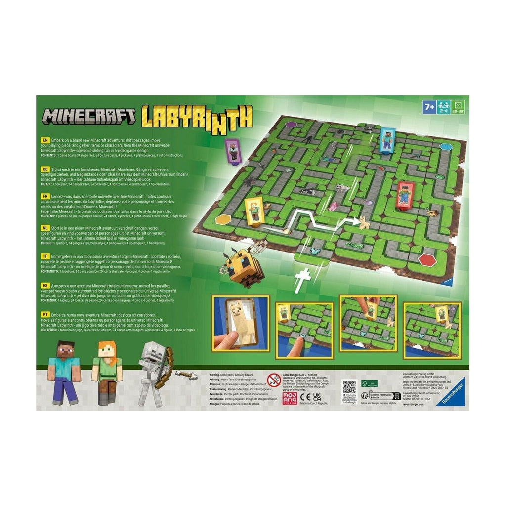 Minecraft labyrinth game packaging with maze design and characters on a green background