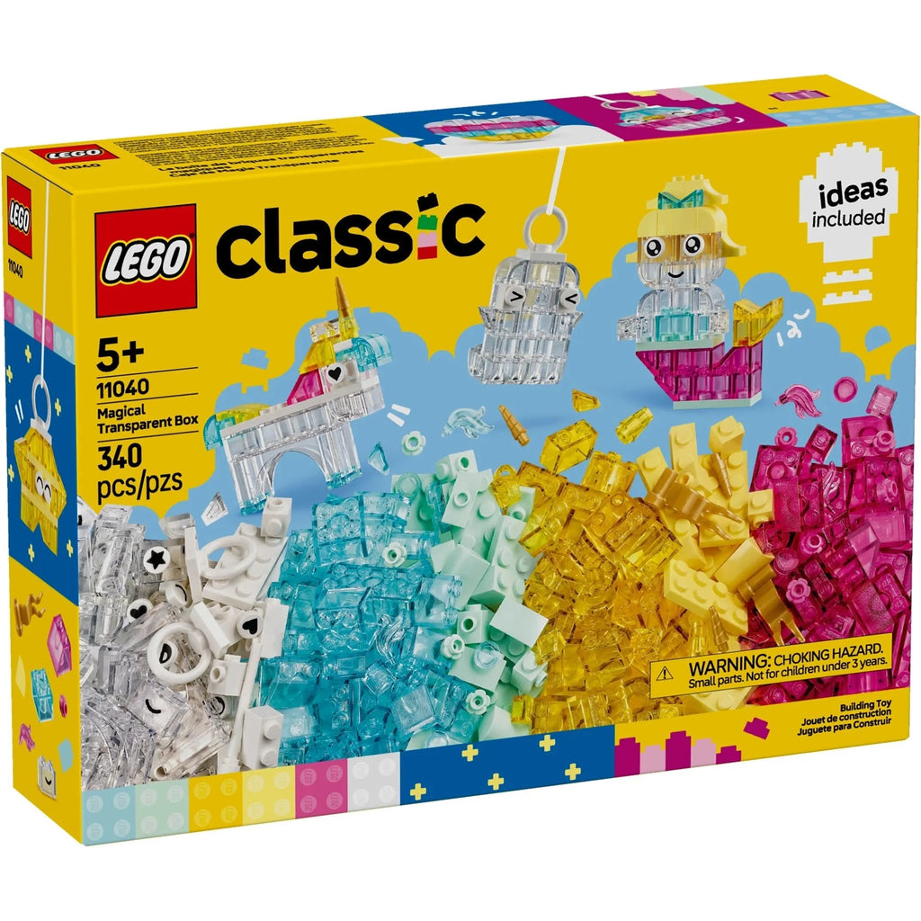 LEGO Classic Magical Translucent Box set packaging with building blocks and toys on a yellow background
