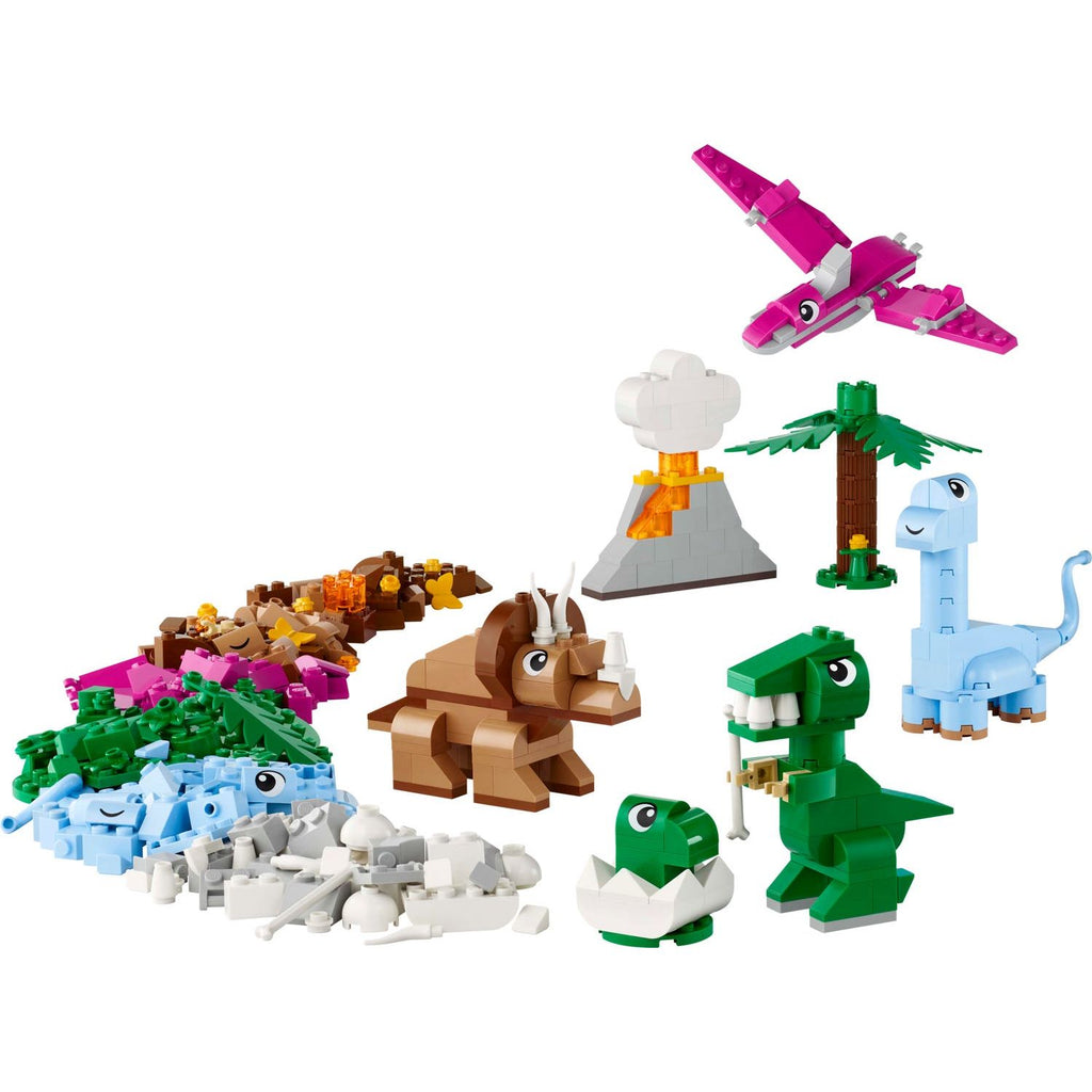 LEGO set with various dinosaurs and a volcano on a white background