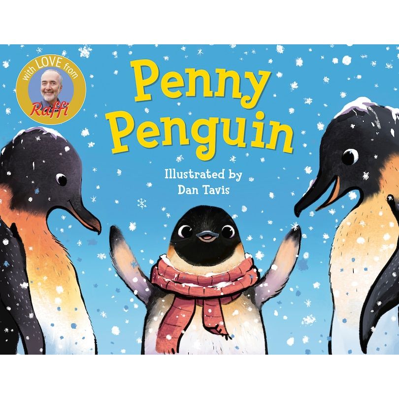 Book cover of 'Penny Penguin' with penguin illustrations and Raffi's face on a blue snowy background.