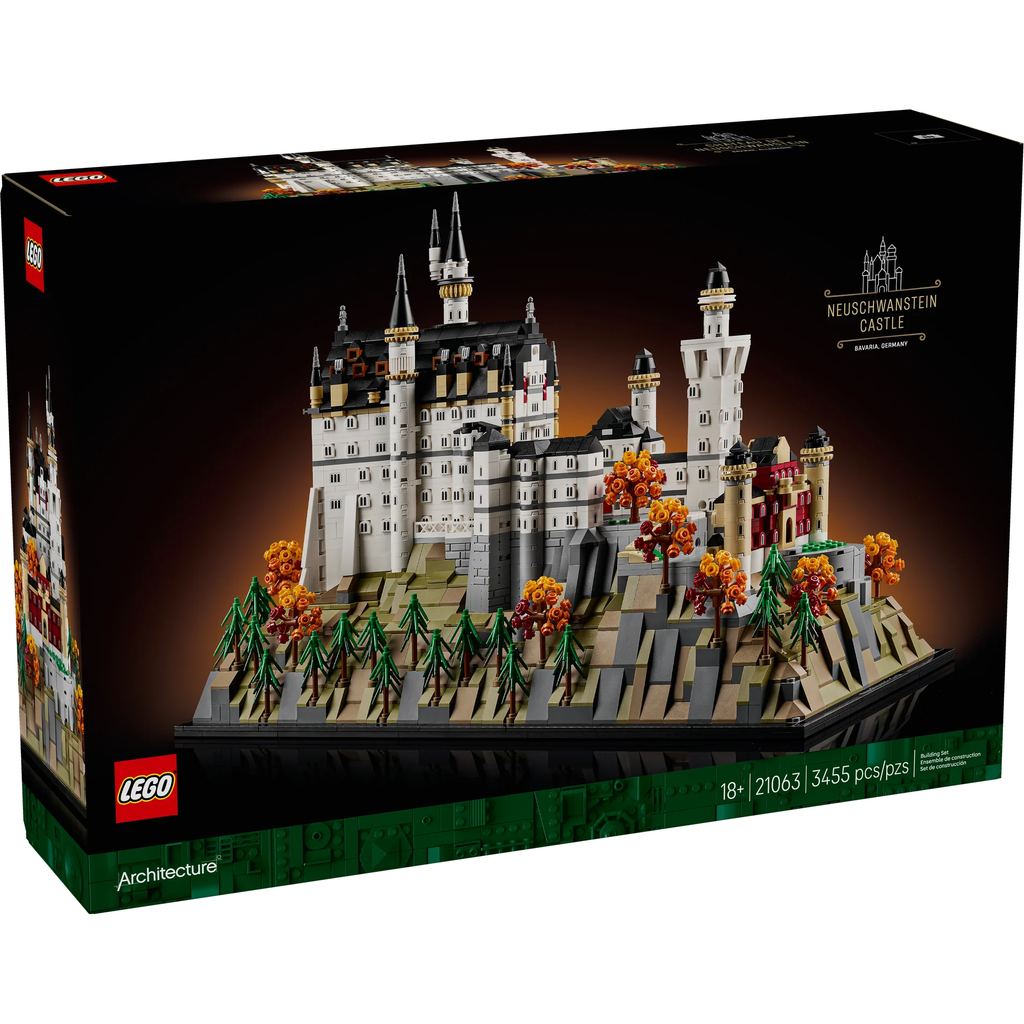 LEGO Neuschwanstein Castle set packaging with castle model on a dark background