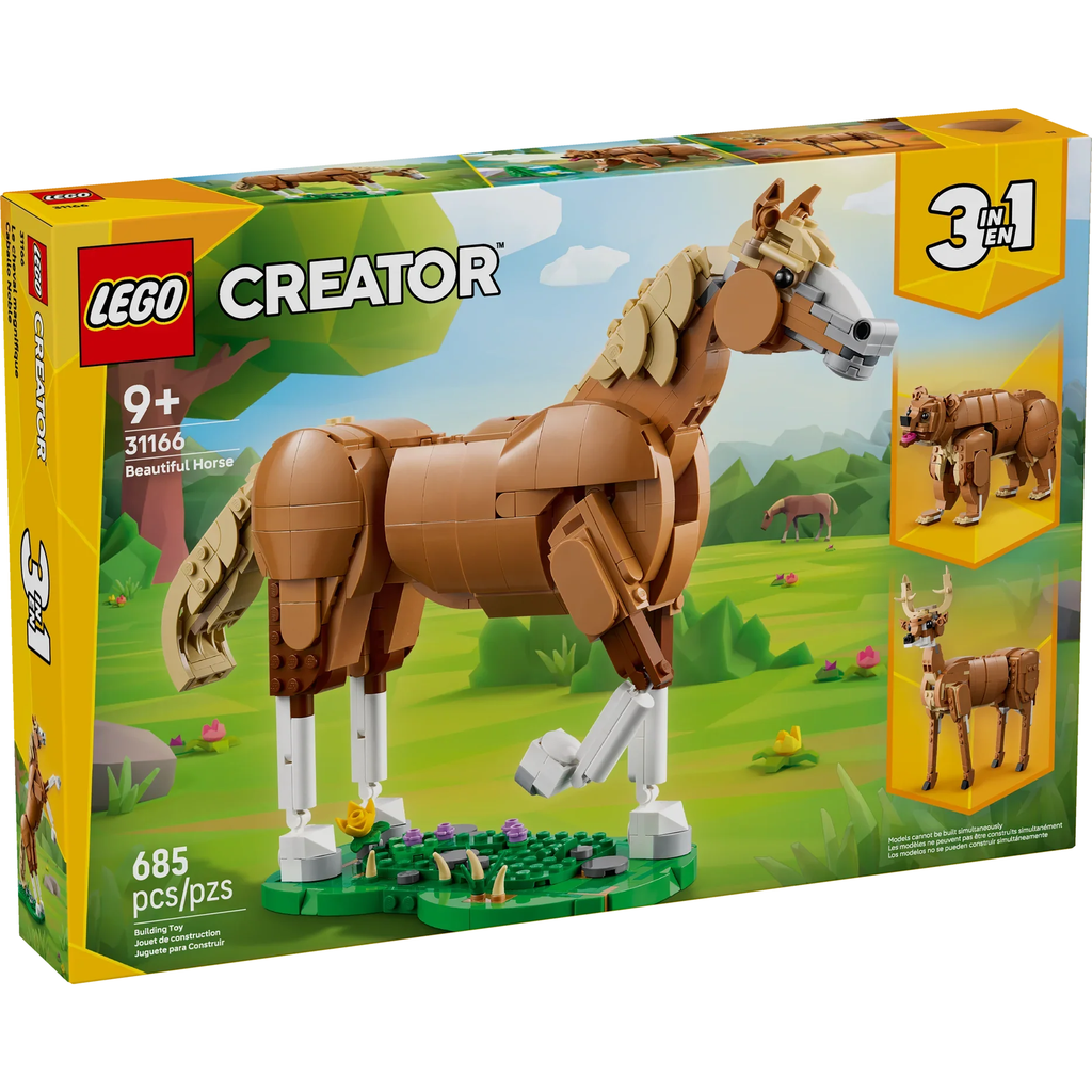 LEGO Creator Beautiful Horse set packaging with horse model and 3-in-1 feature on a scenic background