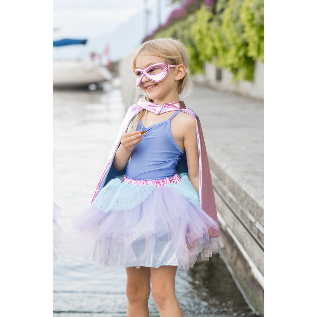 Great Pretenders Super Duper Tutu Cape and Mask Metallic Pink and Light Blue Size 5/6