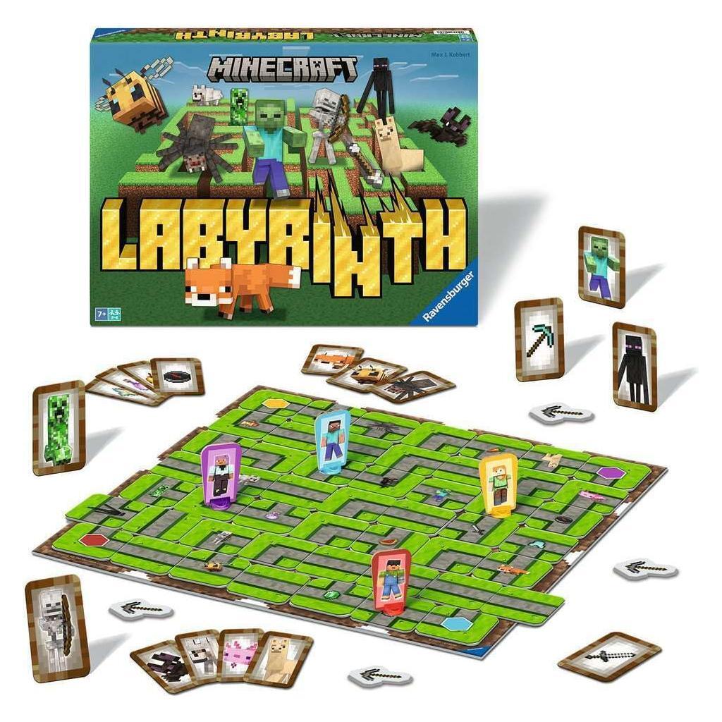 Minecraft Labyrinth board game set with pieces and box on a white background