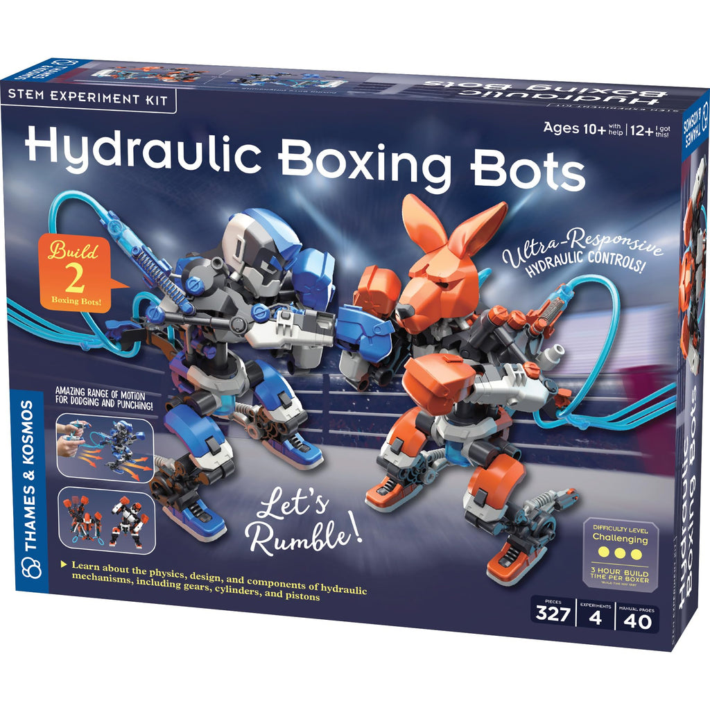 Box of Hydraulic Boxing Bots STEM experiment kit with two robot figures on a dark background