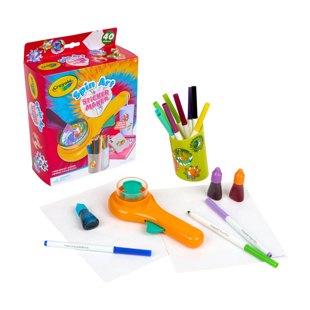 Crayola Spin Art set with markers, bottle caps, and packaging on a white background