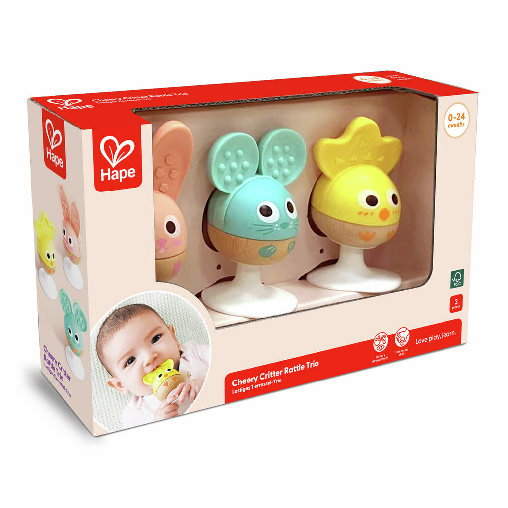 Hape Cheery Critter Rattle Trio – The Rocking Horse Toys