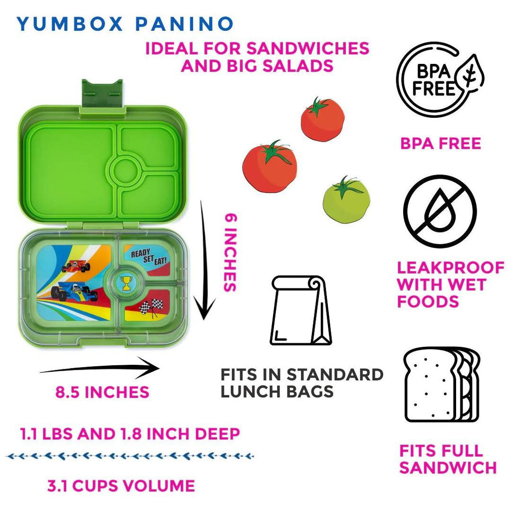 Yumbox Panino 4 Compartment Matcha Green with Race Cars Tray