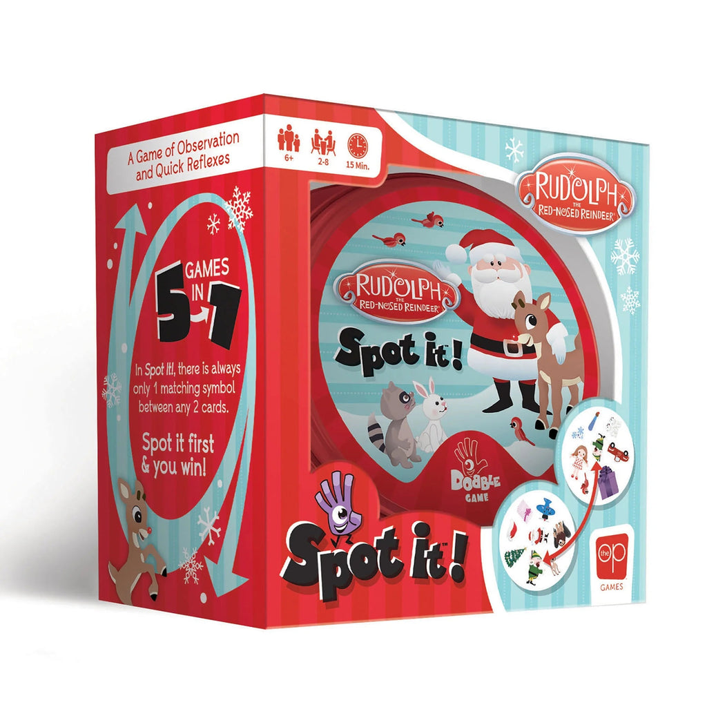 Rudolph Spot it! board game box with Santa and reindeer design on a white background