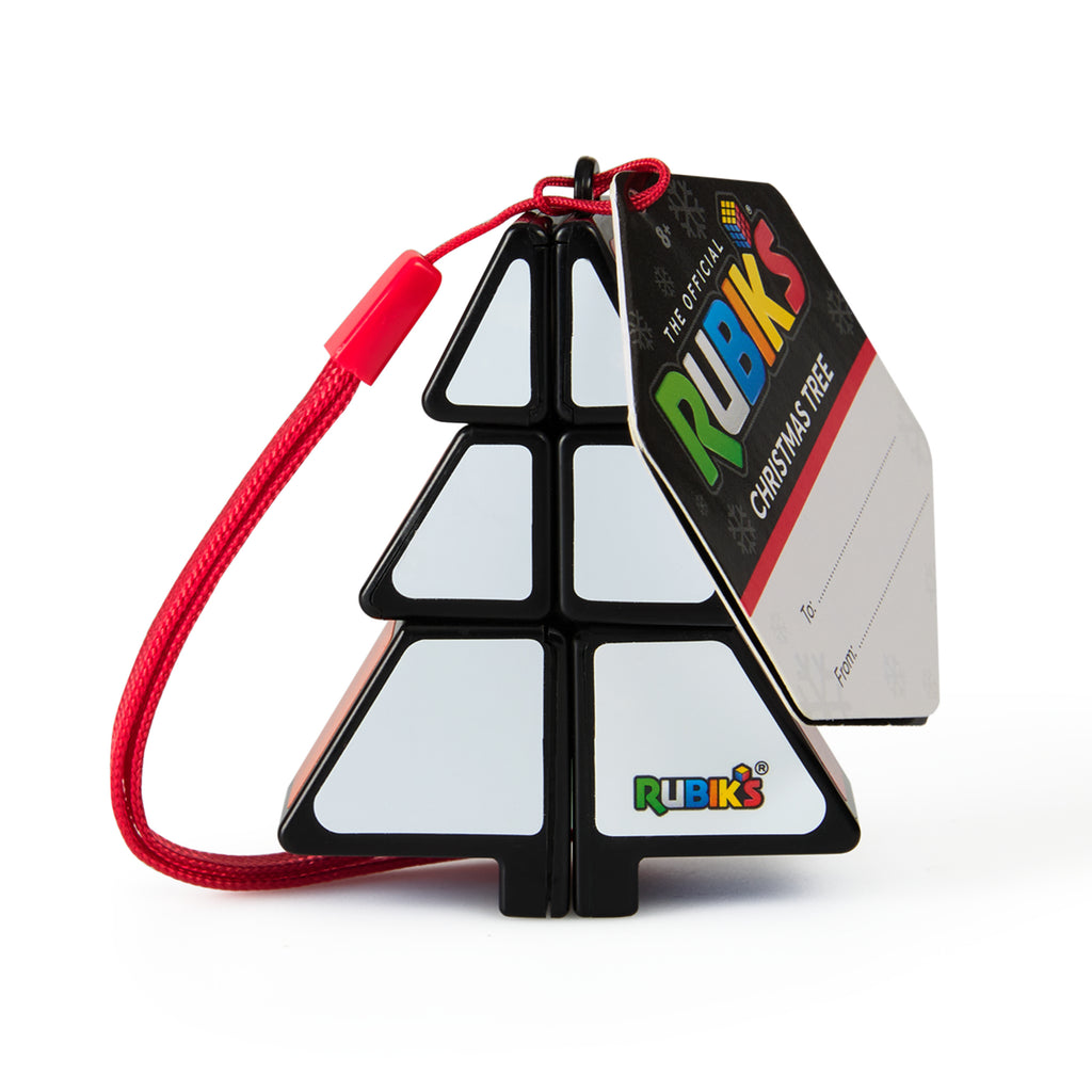 Rubik's Christmas Tree puzzle toy with a tag on a white background