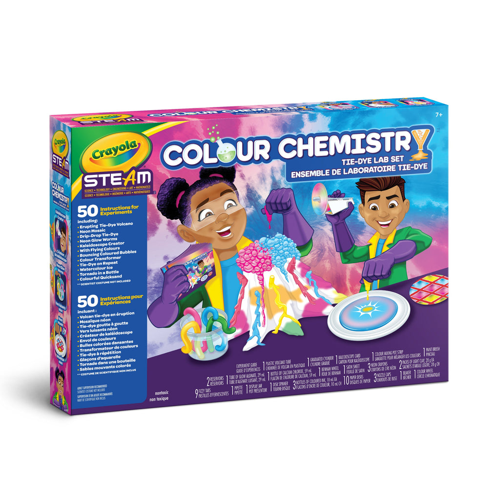 Crayola Colour Chemistry tie-dye lab set packaging on a white background
