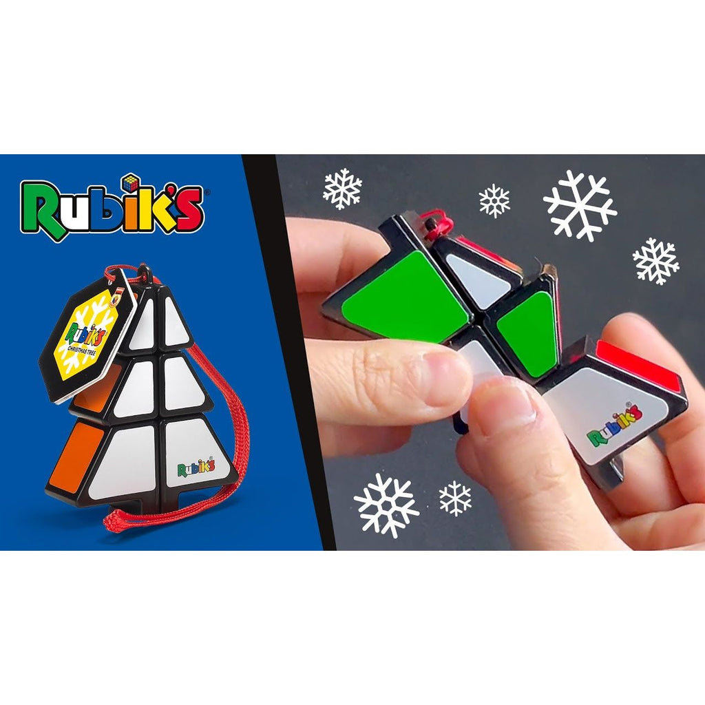 Rubik's cube toy with a person holding it, surrounded by snowflake graphics on a dark background.
