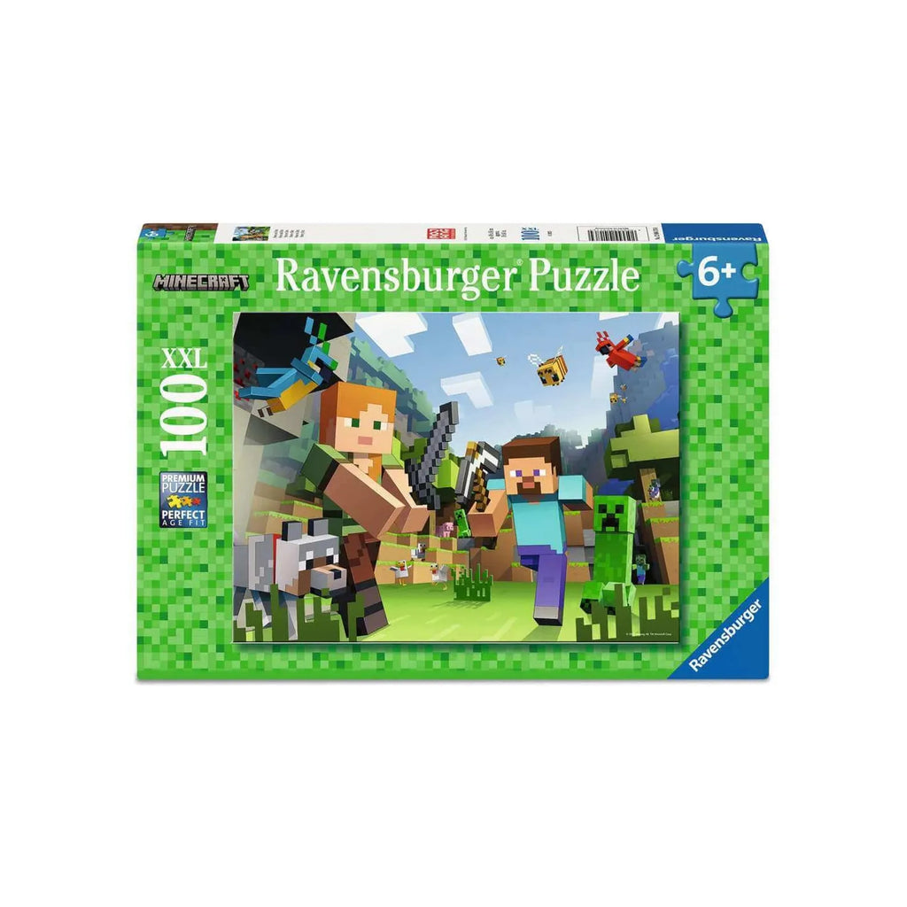 Ravensburger Minecraft puzzle box with characters and game elements on a green background